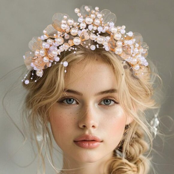 Light Up Pearl Wedding Crowns and Tiaras Gold Flower Bridal Headband Prom Headpi - Picture 7 of 7
